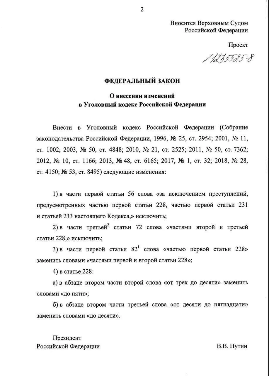 Предлагается не отправлять в тюрьму людей, впервые пойманных с наркотиками для себя — вместо этого вводят штрафы, обязательные работы или принудительное лечение. Максимальные сроки за крупный и особо крупный размер хранения предлагают снизить до 5 и 10 лет.
