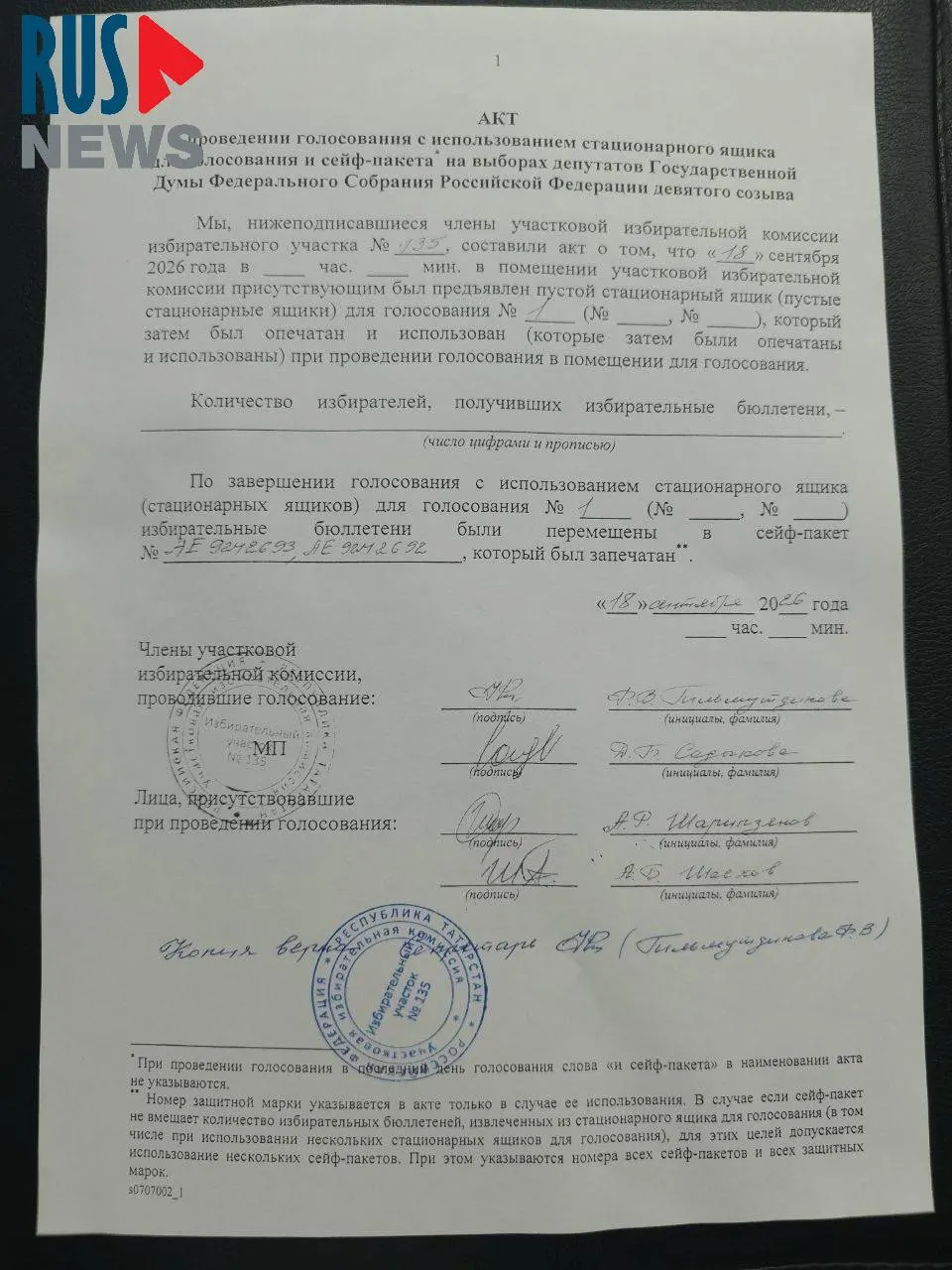 Наблюдатель зафиксировал отсутствие строки «Количество избирателей, получивших бюллетени» в акте голосования; без этой информации проверить подсчет бюллетеней невозможно.