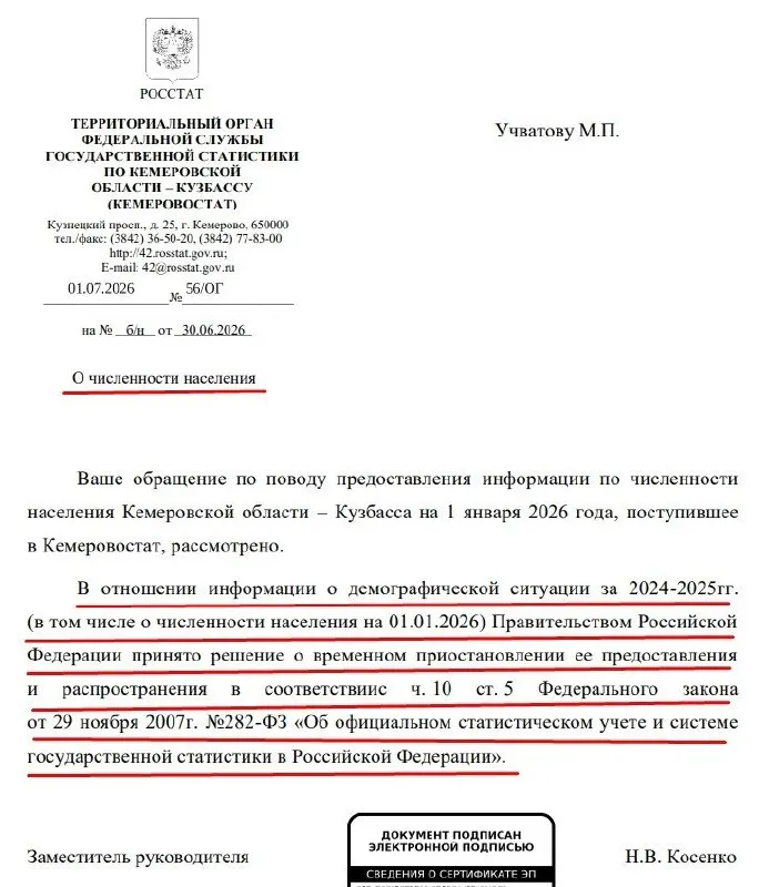 Кемеровостат в ответе на запрос сообщил, что правительство РФ приостановило предоставление официальной информации о численности населения на 2024–2025 годы. Ссылку на основание дали в виде поправок в закон об официальной статистике.